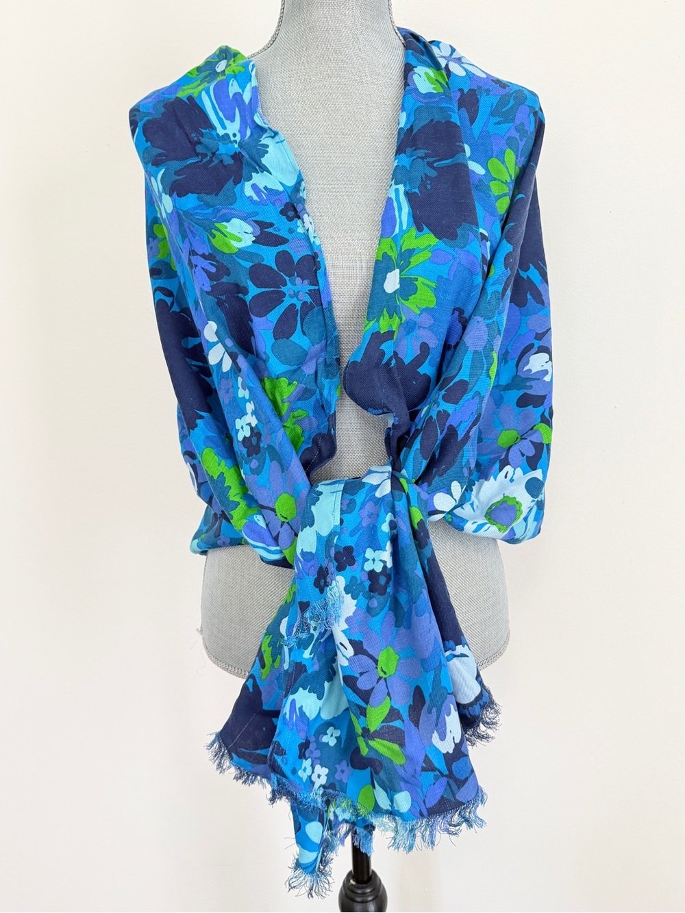 Blue Floral Scarf Wrap with fringe - Women's Accessory - Hawaiin retro 70s style